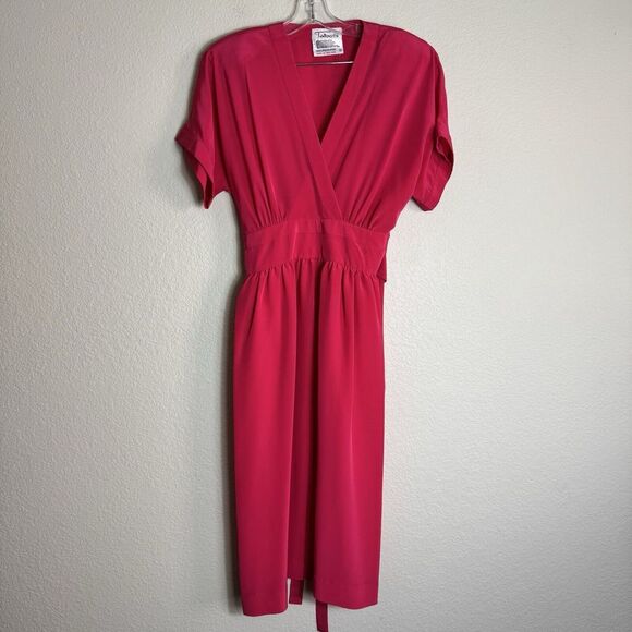 Talbots Women's Dress Red Pink Size 6 Short Sleeves Shoulder Pads Tie Waist Midi - Picture 1 of 4